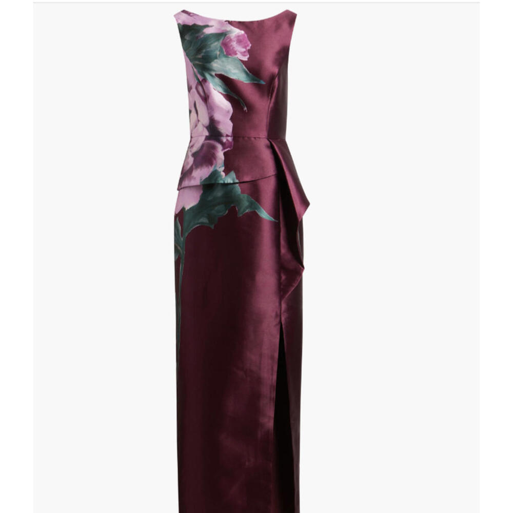 NEW, Kay Unger Luciana Placed Floral Column Gown in Mulberry Sz 10 #LD214